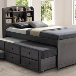 Brand New Grey Twin Size Bed Frame w Trundle Bed + Drawers