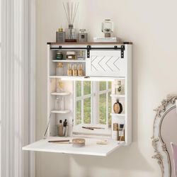 Floating Vanity with Mirror & Lights White Wall Mounted Makeup Set 3 Color Adjustable Magnetic Lights, Storage Shelves, Fold Down Desk, Farmhouse Dres