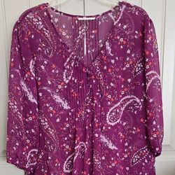 St Johns Bay Floral Tunic Blouse Womens 2X Purple Sheer Popover Top Buttons