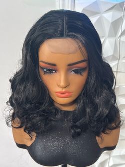 12” Black Bouncy Curly Blend Wig 4x4 T-Line Lace Closure Glueless Heat Safe