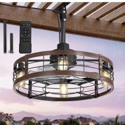 Brand New 22" Outdoor Ceiling Fans with Light, Waterproof Gazebo Fan with Hanging Hook, Plug in Ceiling Fan with Remote,Caged Ceiling Fan with 6 Speed