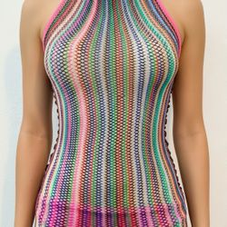 SHEIN Halter Fishnet Sheer Hollow-Out Rainbow Beach Dress Size( 4-6)
