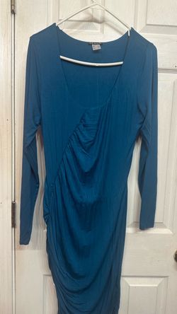 Venus Teal Blue Long Sleeve Ruched Bodycon Midi Dress – Size Large