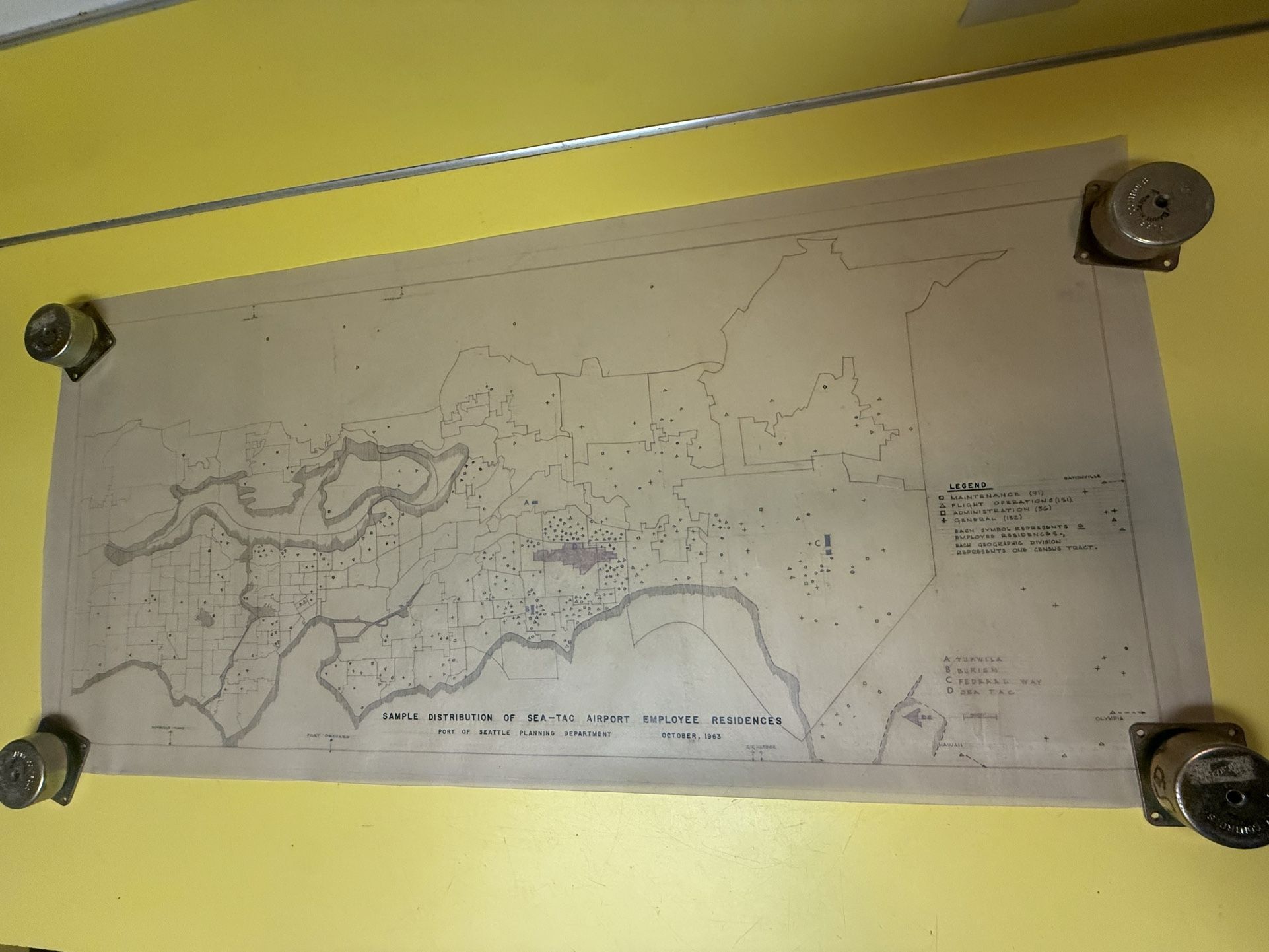Original 1963 blueprint airport study distribution of airport employees residences