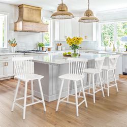 LUE BONA Upgraded Windsor Wooden White Bar Stools Set of 4, 24 Inch Counter Height Barstools with Spindle Back/Bigger Seat for Kitchen Island