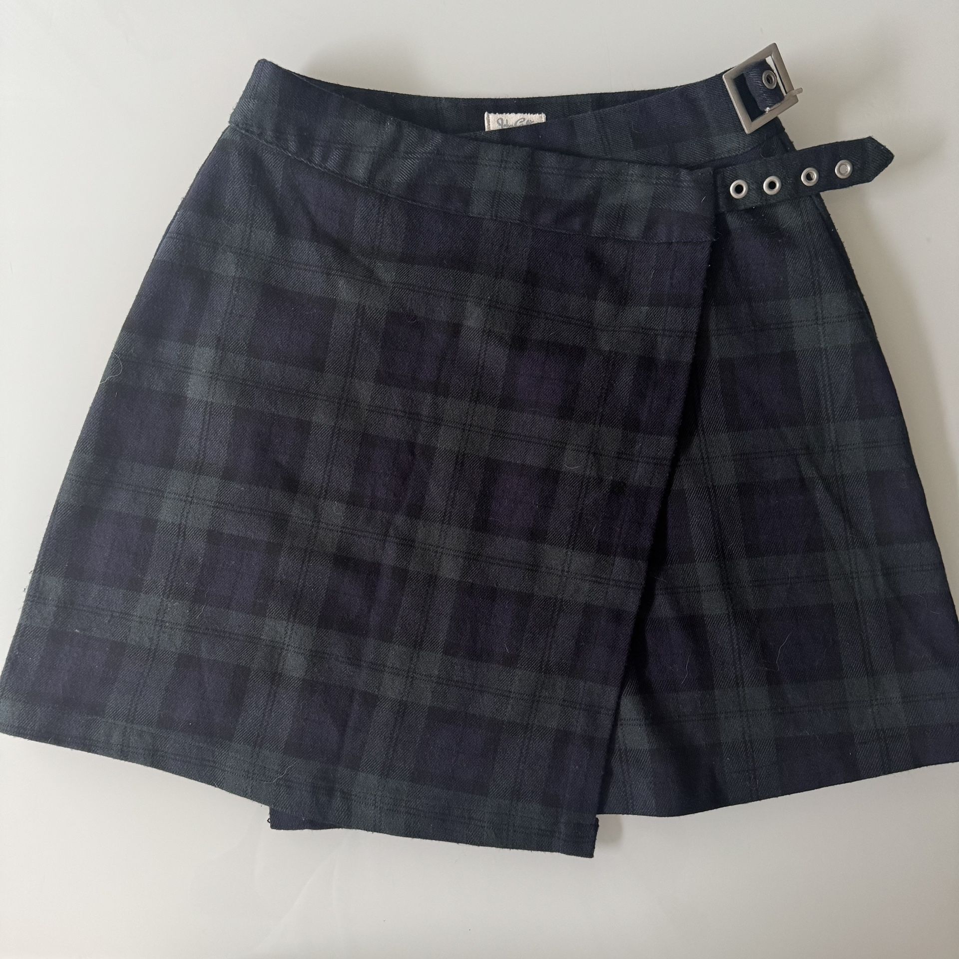 Small John Galt - Women’s Mini Skirt High Waist Dark Green Plaid A Line Wrap