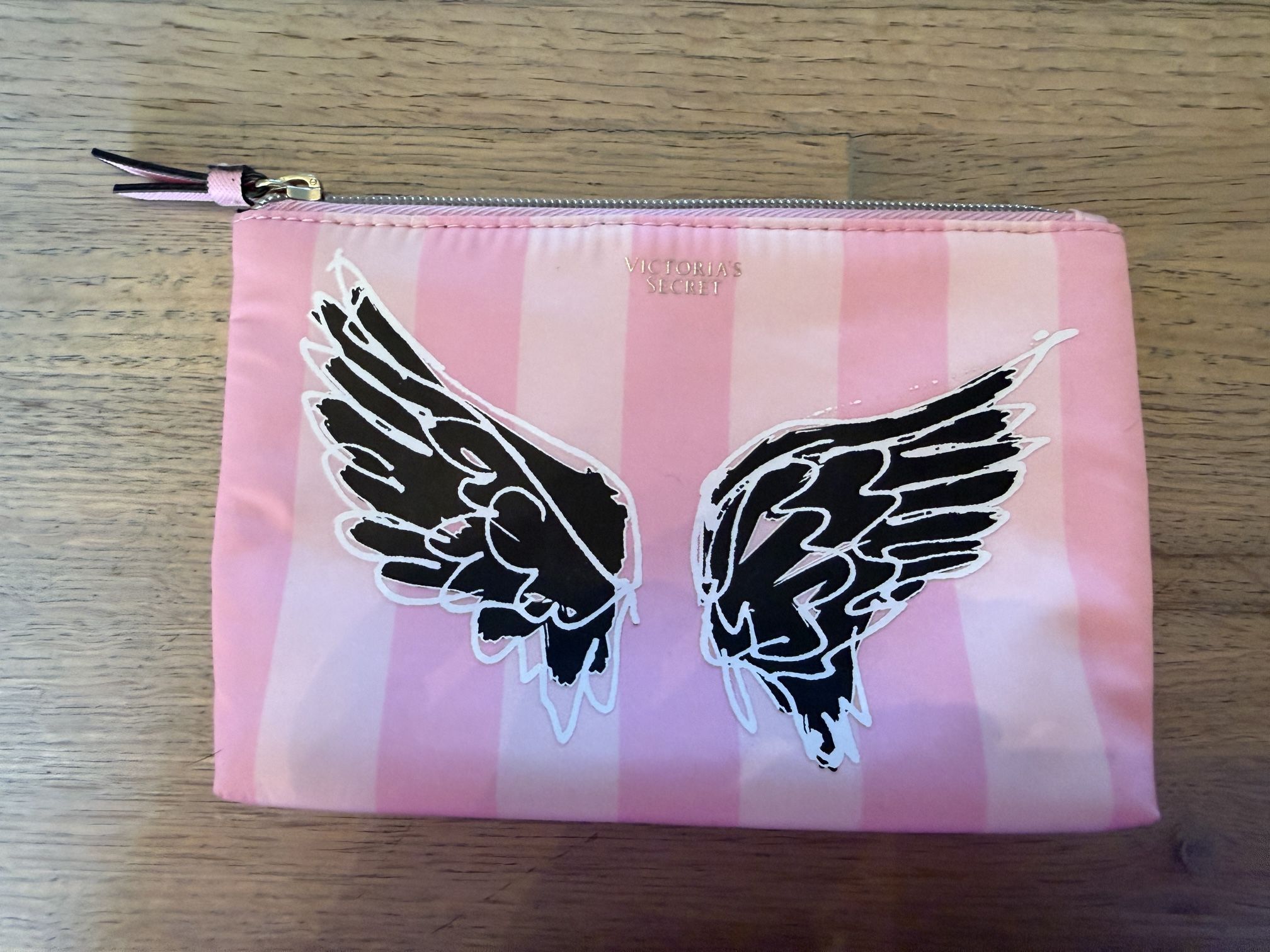 Victoria's Secret Pink Striped Makeup Case With Angel Wings BNWOT