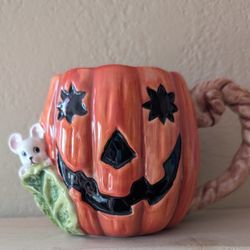 Fitz & Floyd Pumpkin Mouse Jack-o-lantern Patch Mug