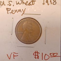 $10 - US 1918 Wheat Penny. Nice Condition