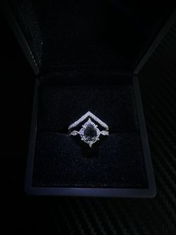 Pear Shaped Black Rutilated Quartz Engagement Ring 2pcs 14K WG + Diamonds