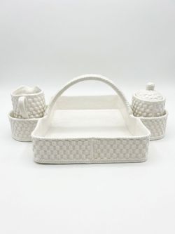 Vintage 1994 Signed Tiffany & Co. "Tiffany Weave" White Ceramic Serving Basket - Ireland