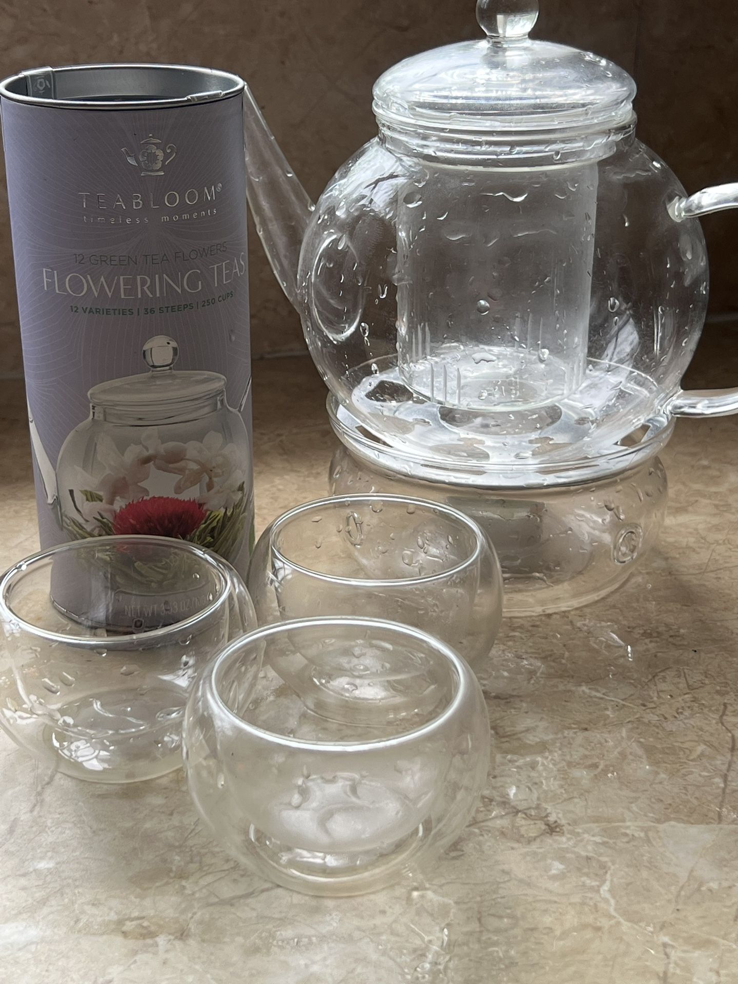 Glass Flowering Tea Pot Set