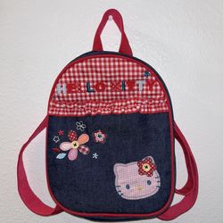RARE Sanrio Hello Kitty 2008 denim and gingham mini backpack Women’s Kids 8x10”