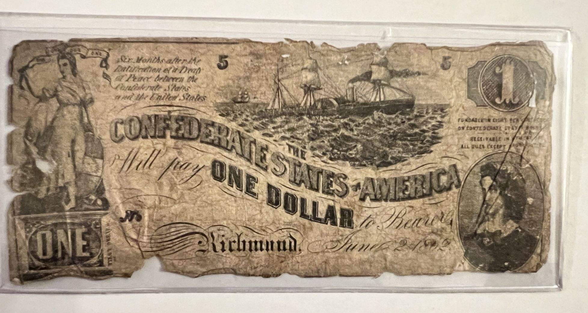 1862 Confederate States of America $1 Bill.