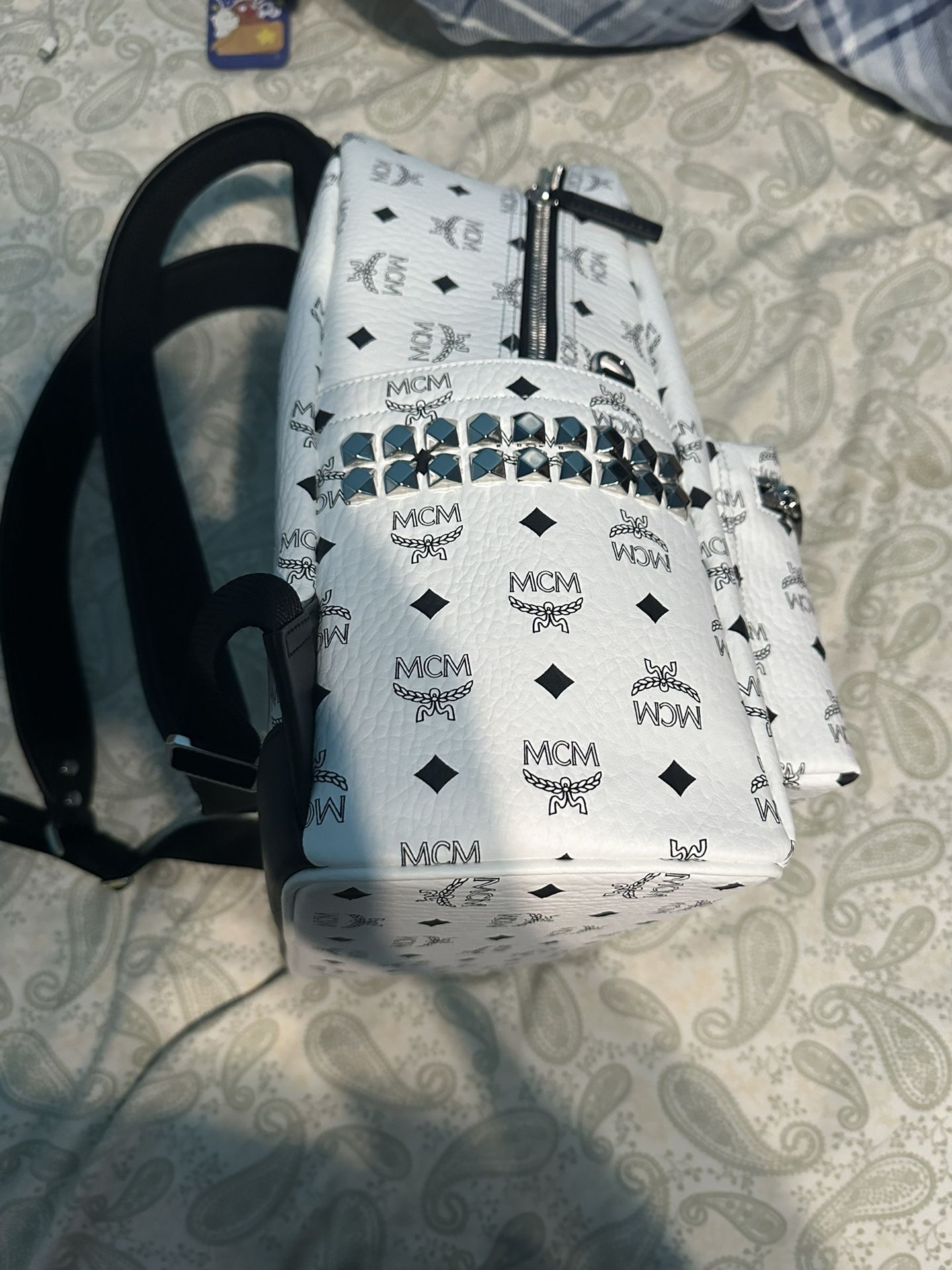 MCM Backpack Rare White Leather Visetos Studs Large Version Ruck Sack