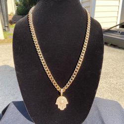 14k Gold Layered Cuban Chain And Prong Set Hamsa Pendant