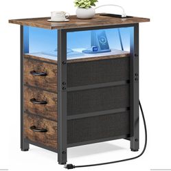 Vagusicc Nightstand with Charging Station and LED Lights, Narrow End Table, LED Night Stand with 3 Fabric Drawers for Bedroom, Small Bedside Table, Na