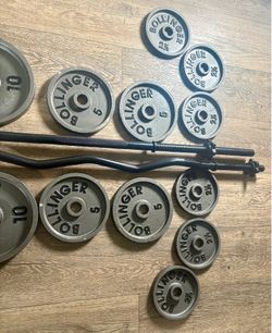 BOLLINGER VINTAGE Standard Set: 6 ft Bar, 4 ft Curl Bar, DB Bars and Cast Iron Weight plates: 25s, 10s, 5s and 2.5s (Total: 191 lbs)