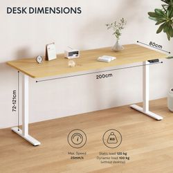 Electric Height Adjustable Table 200x80cm 120kg Load Dual Motor   