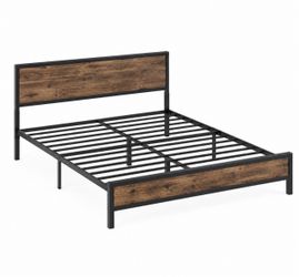 Queen Size Metal Bed Frame with Wood Headboard and Footboard