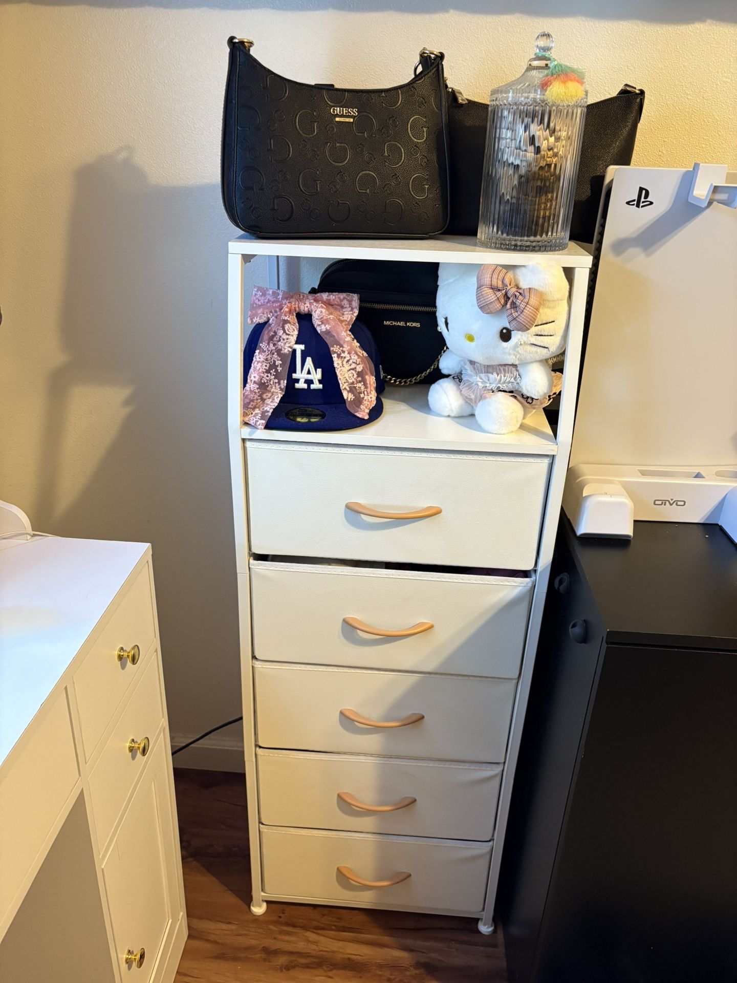 Furnulem 5-Drawer Dresser with Double Shelf – White 