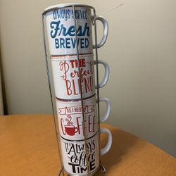 Boston Warehouse 13-oz Stacked Mugs with Stand, Open 24 Hours, Set of 4