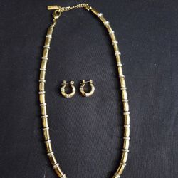 NAPIER Gold & Silver Tone Bamboo Style 18" Necklace/Choker & Earrings(.60") Vtg