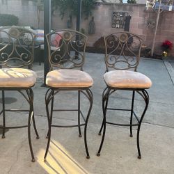 3 Bronze Metal Beige Fabric High Top Stools