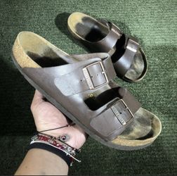 Birkenstock Arizona Mens 43 Slide Sandals Taupe Leather Cork Casual Buckle Strap