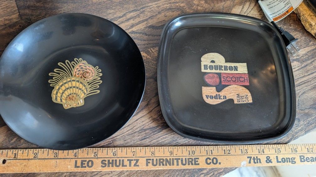 Couroc Mid-Century Bar Trays Plate Set Mcm Plates Tray Pair Inlaid Black Man Cave