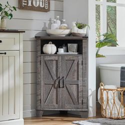 Bathroom Cabinet, Farmhouse Small Corner Cabinet with Barn Door & Adjustable Shelf, Storage Cabinets for Bathroom, Kitchen, Living Room, Grey Wash