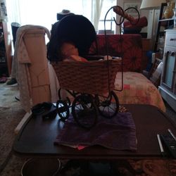 Antique Wicker Baby Doll Carriage With Canvas Canopy And Baby