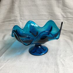 Vintage Viking Glass Epic Line Bluenique 6 Petal Footed Compote 4.5 In Tall