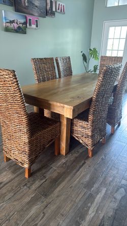 Solid wood and rattan table + 6 chairs