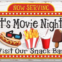 Metal Sign Now Serving Movie Night Retro Decor Home Bedroom Movie Theater Bar Cafe Club Cave Wall Decor Vintage Tin Sign 8x12 Inch