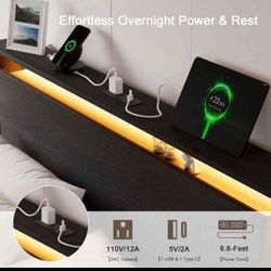 New in box. Queen Size with LED Lights & Charging Station – Kids Wood Floating Queen Bed Frame with Storage Headboard, Adhesive Slats, Kick-Free & Noi