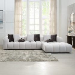Sectional Ivory White Linen, Wooden Inner Frame, Others. Accent Pillows Included. Tight Seat And Back Cushion. Channel Tufted,Pocket Coil Seating. New