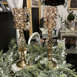 Set If 2 Gold Rhinestone Candle Holders Metal