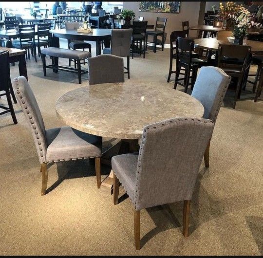 Vesper Marble Round Dining Set 5Piece (Table+4 Chairs) by Crown Mark