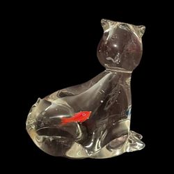 Vtg Murano Style Art Glass Cat Figurine w/Blue & Red Eyes & (1) Goldfish Paperweight