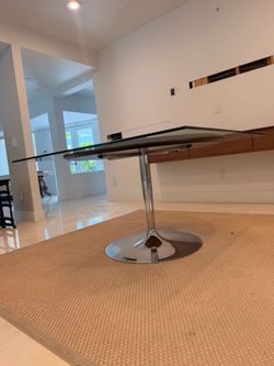 Mid-Century Modern Square Glass and wooden round  Top Dining Table with Chrome Pedestal Base