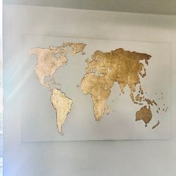High-End, Gold-Leaf World Map Art, 3.33x5 foot Large Stretched Canvas