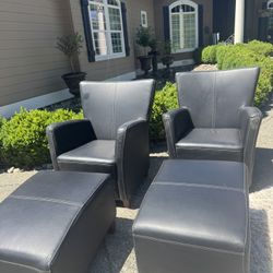 2 High End Genuine Italian Leather Lounge Chairs + 2 Matching Ottomans – Modern Luxury Set