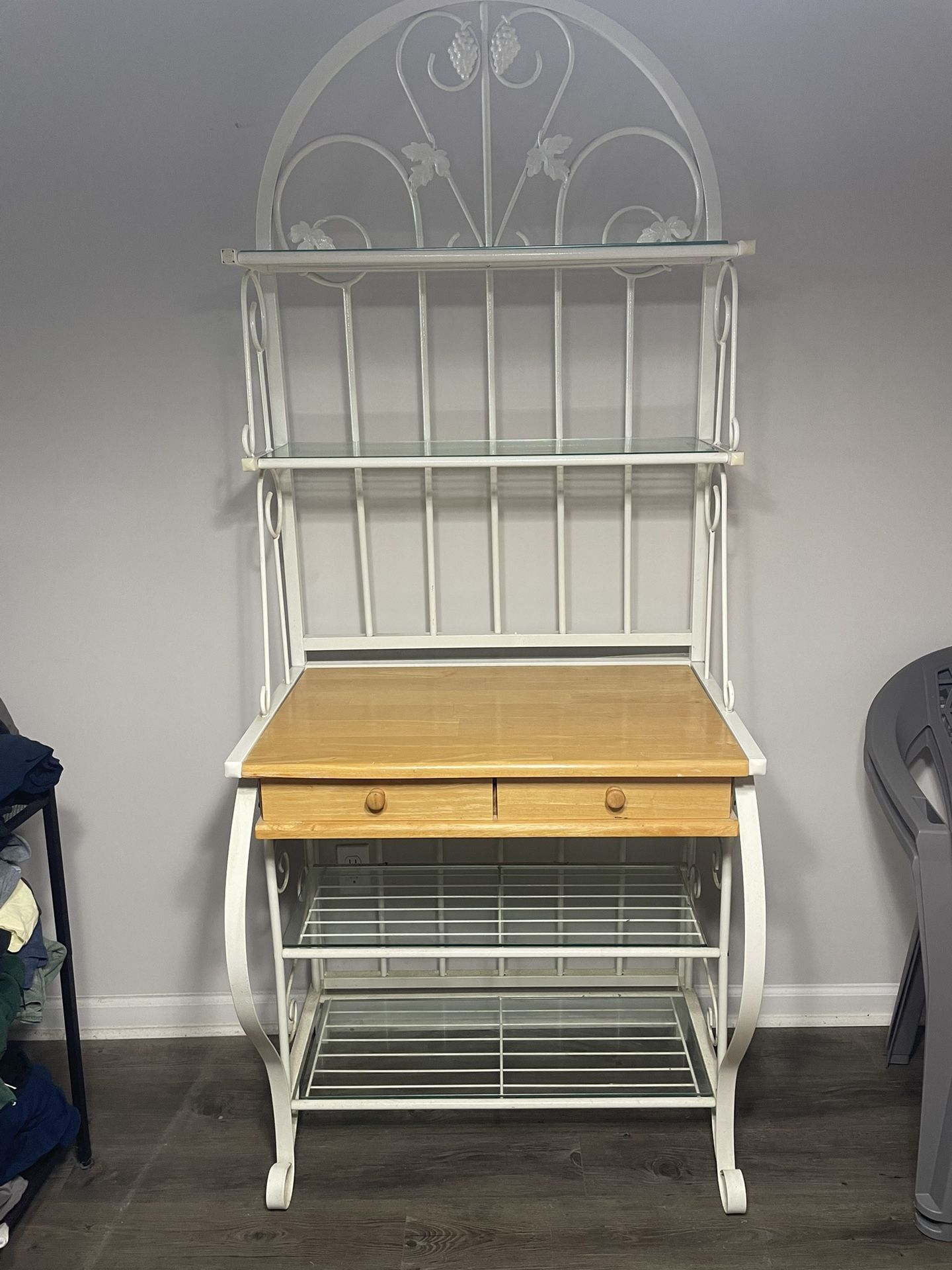 Cast Iron And Wood Hutch Stand With Glass Shelves