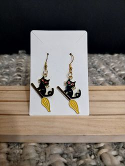 Cat and Witch's Broom Drop Earrings