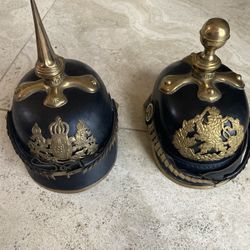 Pair two German spike leather military helmets reproduction Well Made man cave decor Large size