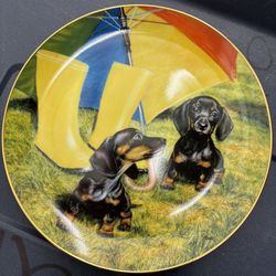 Art By Susie Morton For Danbury Mint Limited Edition “ Delightful Dachshund “ China Plate “ Raining Day Pals”