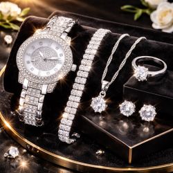✨ Luxury Silver Watch & Jewelry Set – 5PCS | Gift Ready 💎
