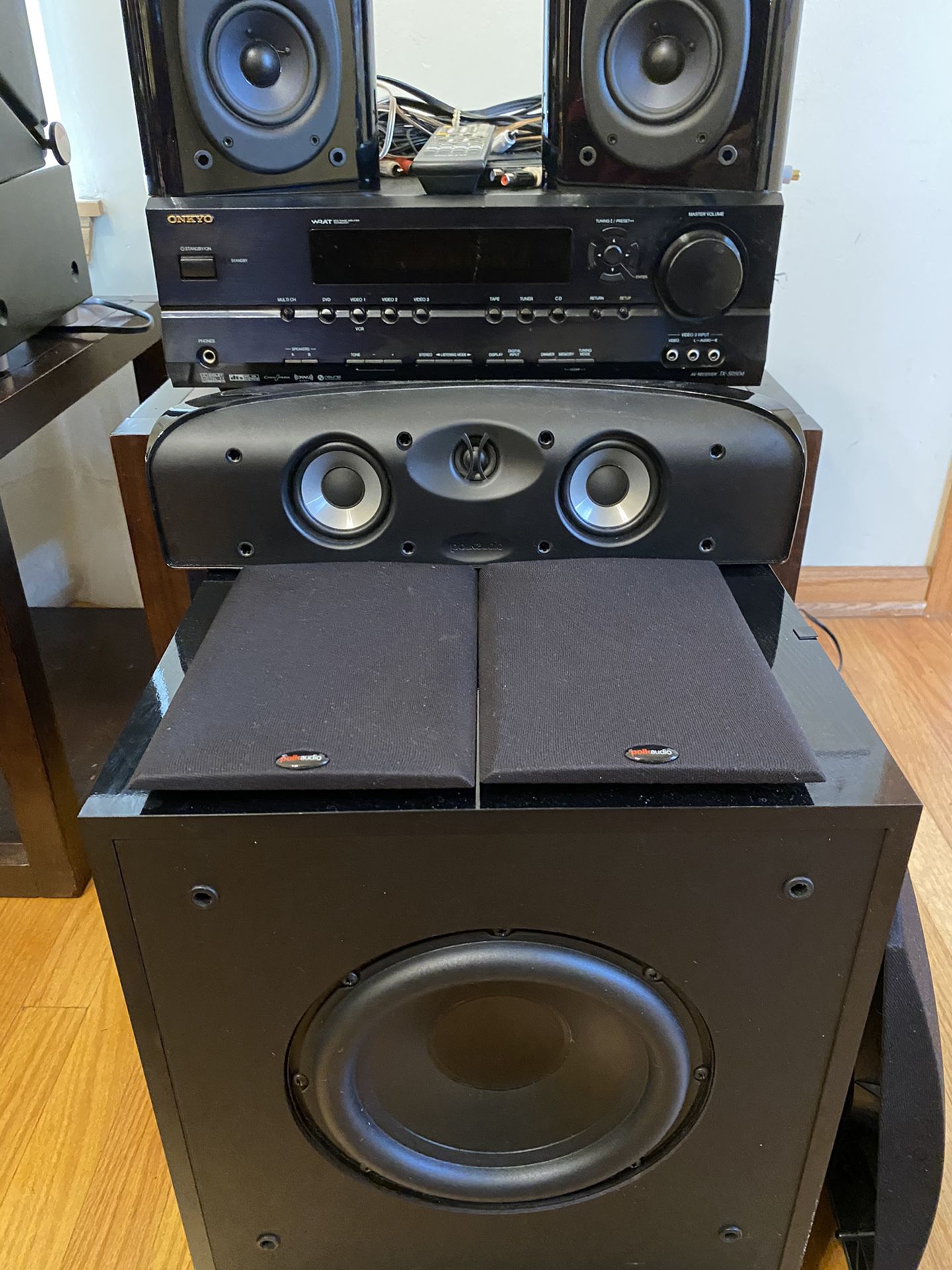 Polk Audio home theater with powered subwoofer and onkyo av receiver