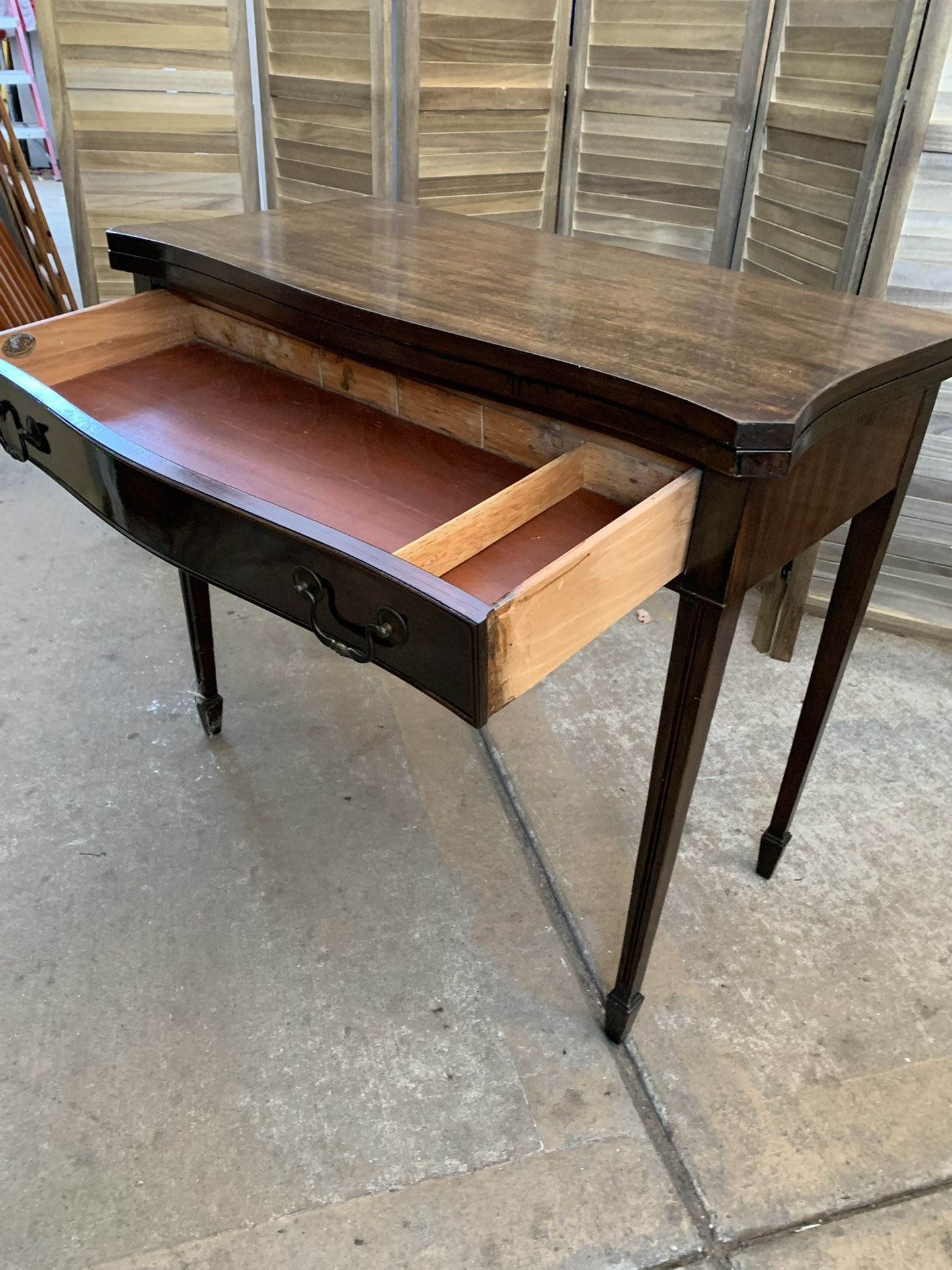 Antique Solid Wood flip top Table / Desk / console / foldable with 1 drawer Open: 36 W x36 D x 30 H Closed: 36 W x18 D x 31 H